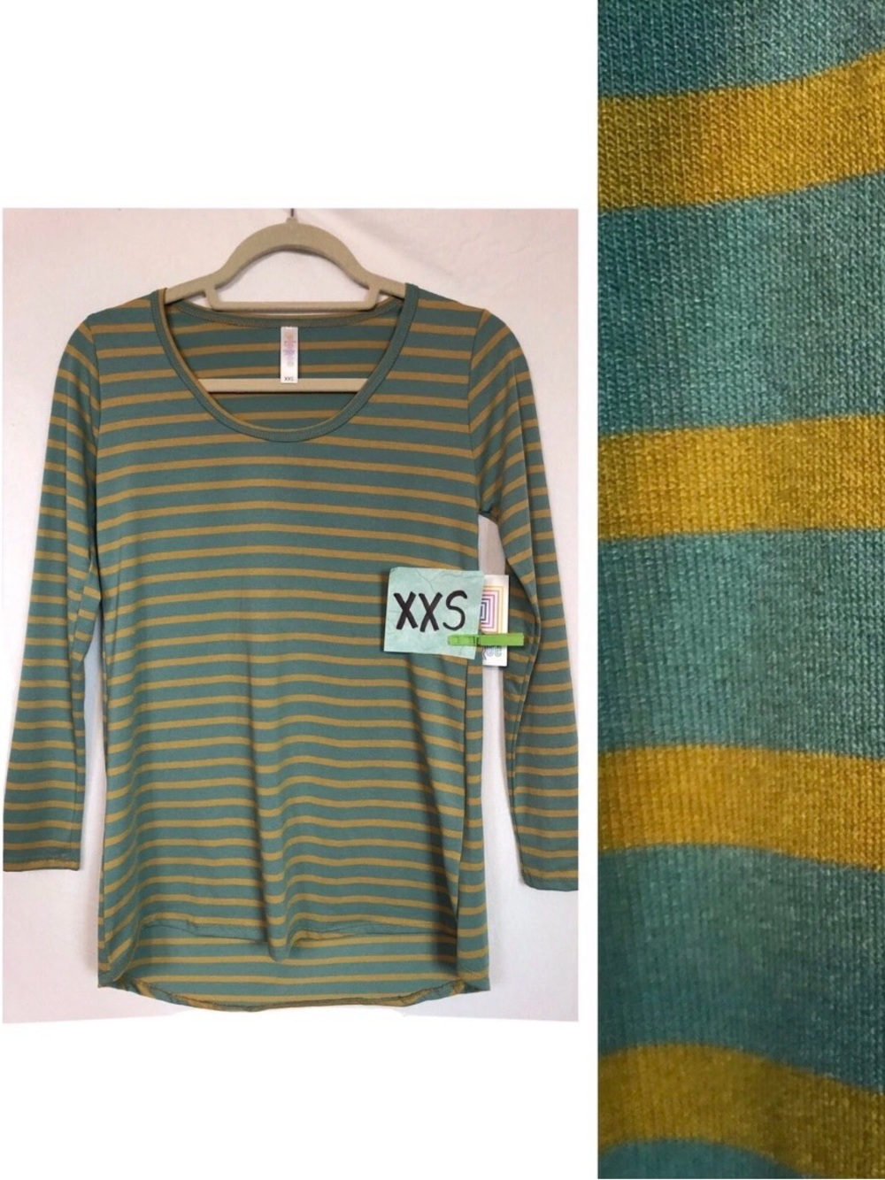 LuLaRoe Lynnae Teal Green Yellow Striped Long Sleeve Tunic XXS NWT